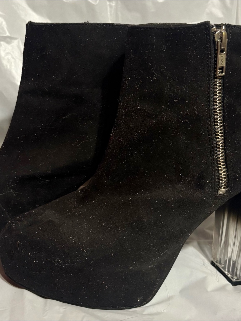 Divided Black Suede Ankle Booties with Clear Block Heel